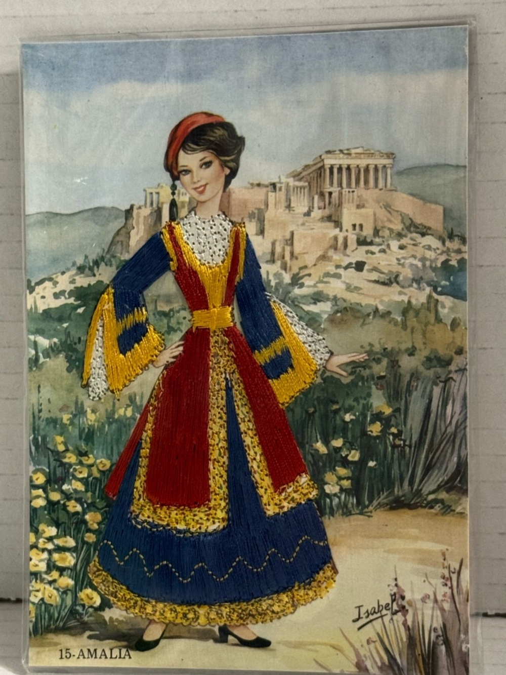 Vintage 1960s Embroidered Greek Postcard/ Acropolis
